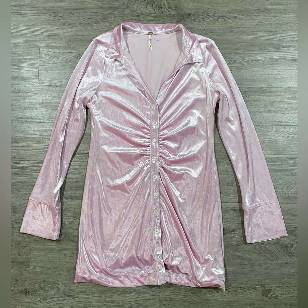 Free People Shayla Pink Ruched‎ Button-Up Dress Long Sleeve Velvet - Picture 4 of 7